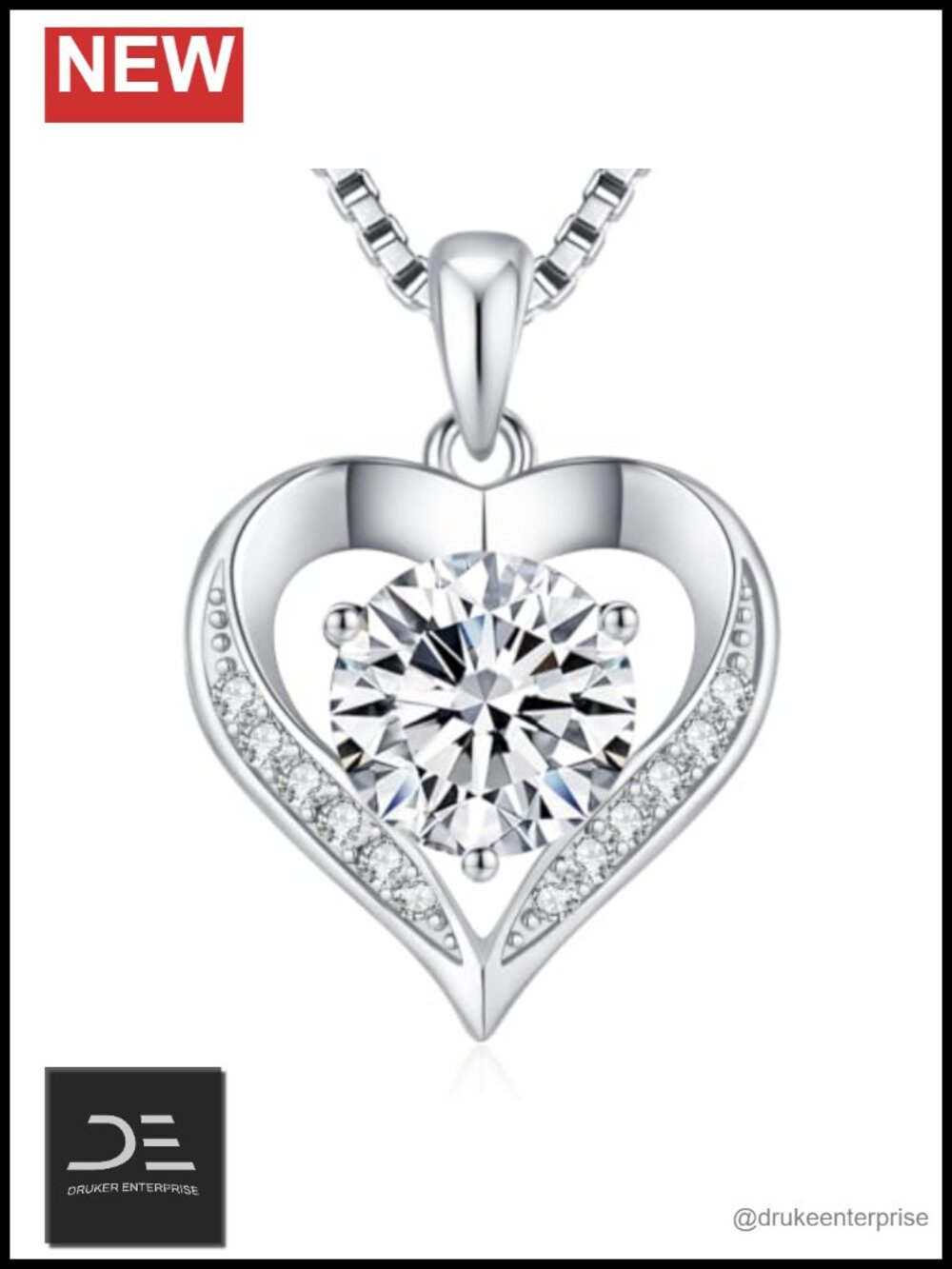 Moissanite Heart Pendant Necklace, 925 Sterling Silver Rhodium Plated D Color